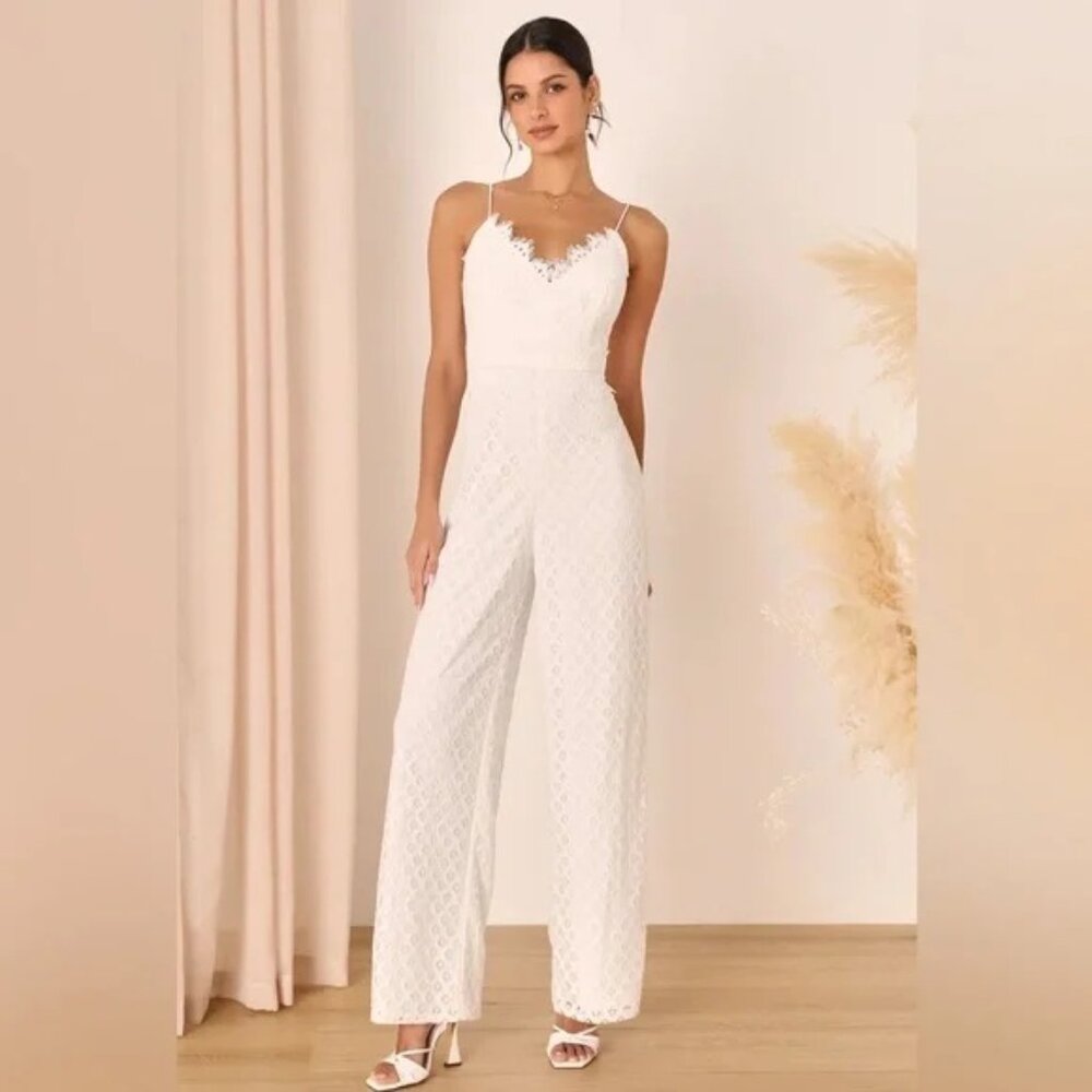 Lulu's Forever Bliss White Lace Wide-Leg Jumpsuit Small New with tags